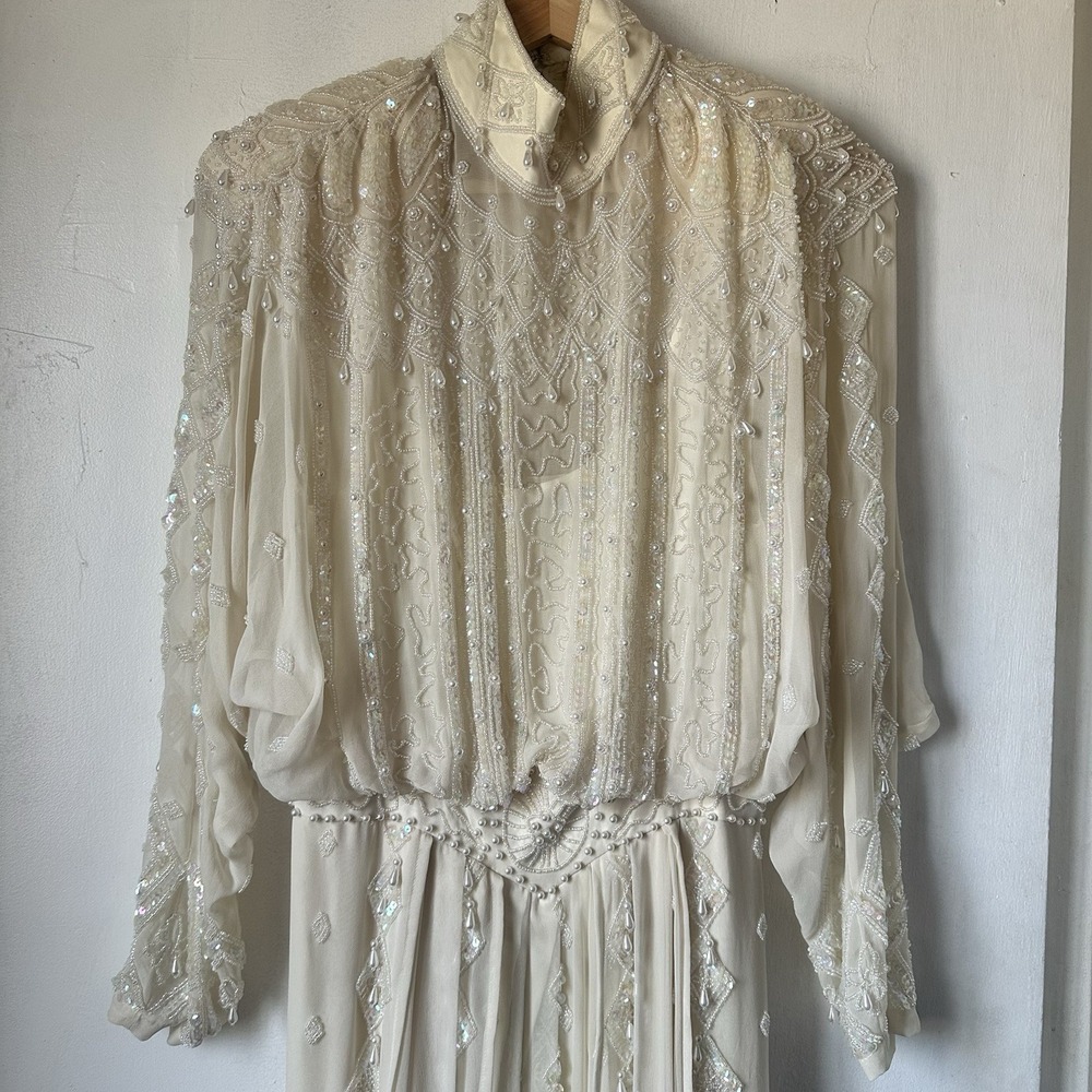 1980s Edwardian Style Heavily Beaded Lillie Ruben Silk Wedding Formal Gown Small